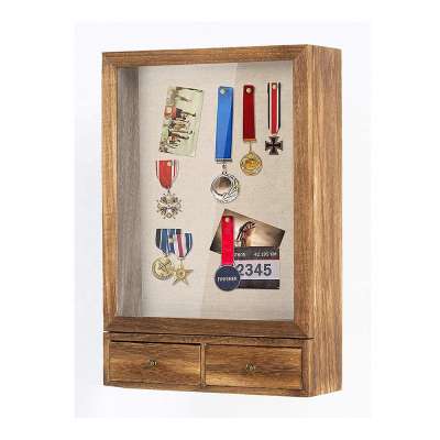 Amazon new design hot selling 11x14 Linen wood deep Pins  Awards Medals Tickets and Photos Shadow Box Display Case